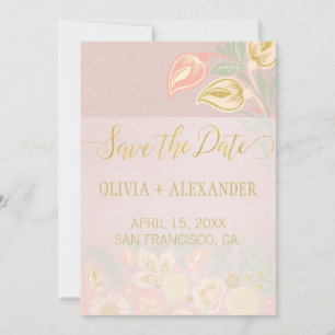 Save The Date Mariage Pastel Péché Or Floral Printemps Rose Fard