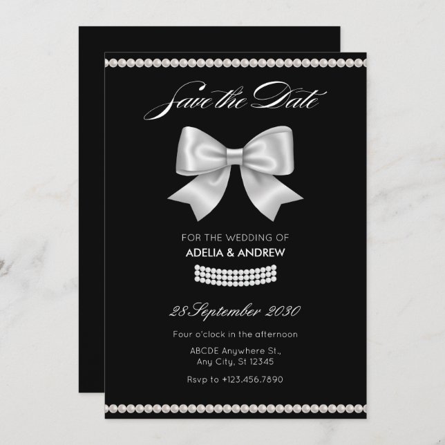 Save The Date Mariage perle noir ruban doux (Devant / Derrière)