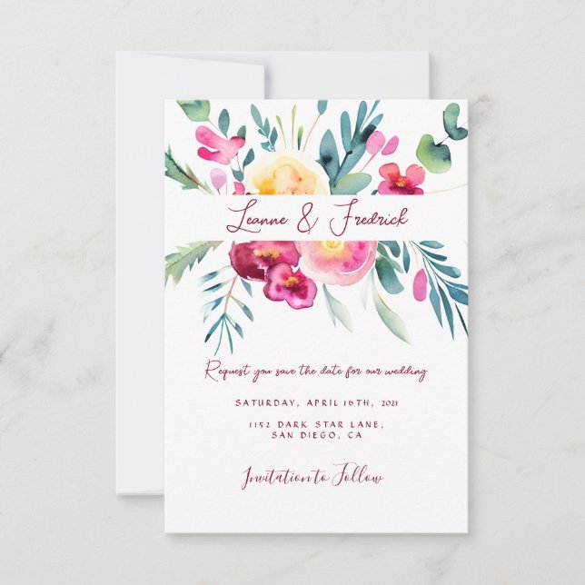 Save The Date Mariage personnalisé floral aquarelle rose et fuch (Devant)