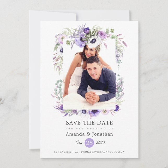 Save The Date Mariage photo à l'aquarelle pastel violet poussiér (Devant)