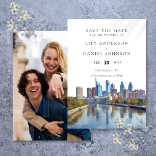 Save The Date Mariage photo aquarelle de la skyline de Philadelp