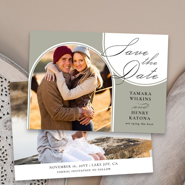 Save The Date Mariage photo Arché de Sage Green Calligraphie (Elegant Photo Save the Date in Sage green from my Wedding Colors collection)