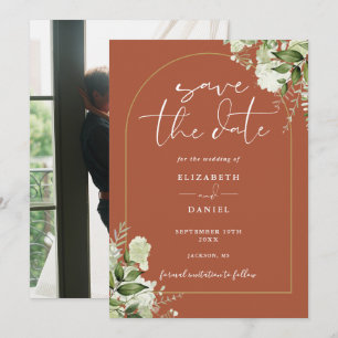 Save The Date Mariage Photo Arche Dorée de Verdure en Terracotta