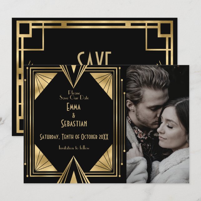 Save The Date Mariage photo Art Déco Gatsby noir et or (Devant / Derrière)