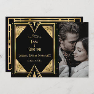 Save The Date Mariage photo Art Déco Gatsby noir et or