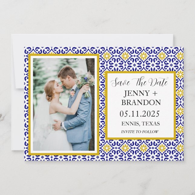 Save The Date Mariage photo bleu blanc en tuiles portugaises (Devant)