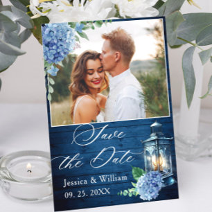Save The Date Mariage photo Blue Hydrangea Navy Wood Lanterne