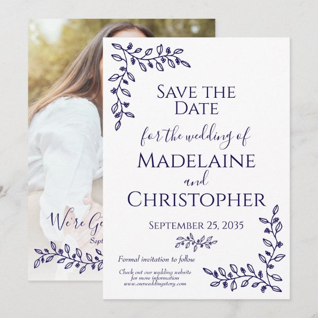 Save The Date Mariage photo Boho Navy Blue Botanical moderne (Devant / Derrière)