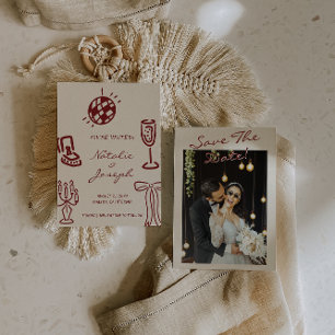 Save The Date Mariage Photo Burgundy Fantaisiste Dessiné à la Ma