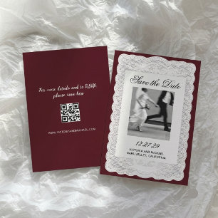 Save The Date Mariage Photo Burgundy Papier Dentelle Blanc Vinta