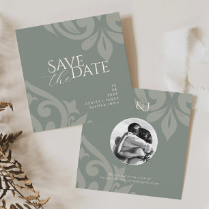 Save The Date Mariage Photo Classique Élégant Damassé Olive Terr