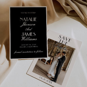 Save The Date Mariage Photo Crème Noir Élégant Vieille Fortune