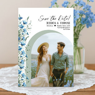 Save The Date Mariage Photo d'Arche de Fleurs Sauvages Bleu Pous