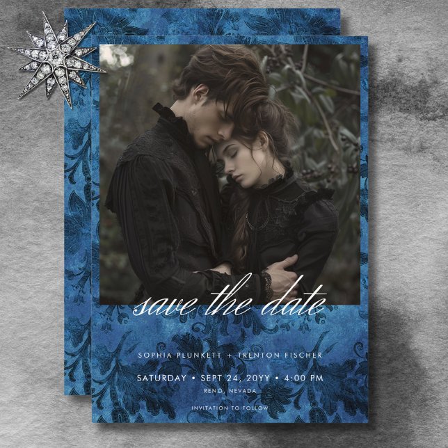 Save The Date Mariage photo Dark Moody Black & Blue Damask (Dark Moody Black & Blue Damask Photo Wedding Save The Date)