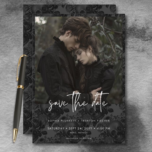 Save The Date Mariage photo Dark Moody Black Skull Damask (Dark Moody Black Skull Damask Photo Wedding Save The Date)