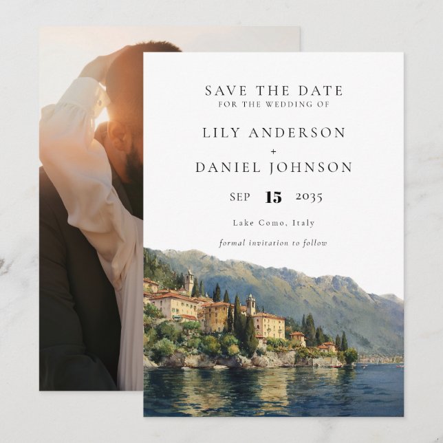 Save The Date Mariage photo de destination du lac de Côme Italie (Devant / Derrière)