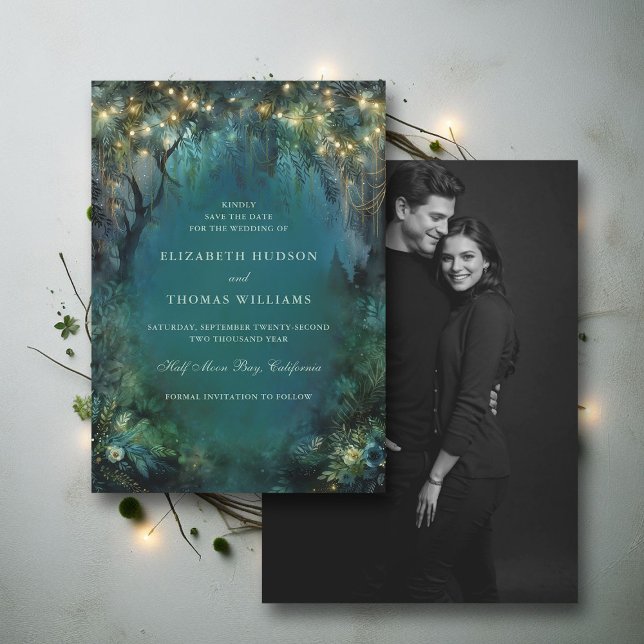 Save The Date Mariage photo de la forêt enchantée (enchanted forest woodland wedding save the date card emerald gold magic fairy tale photo)