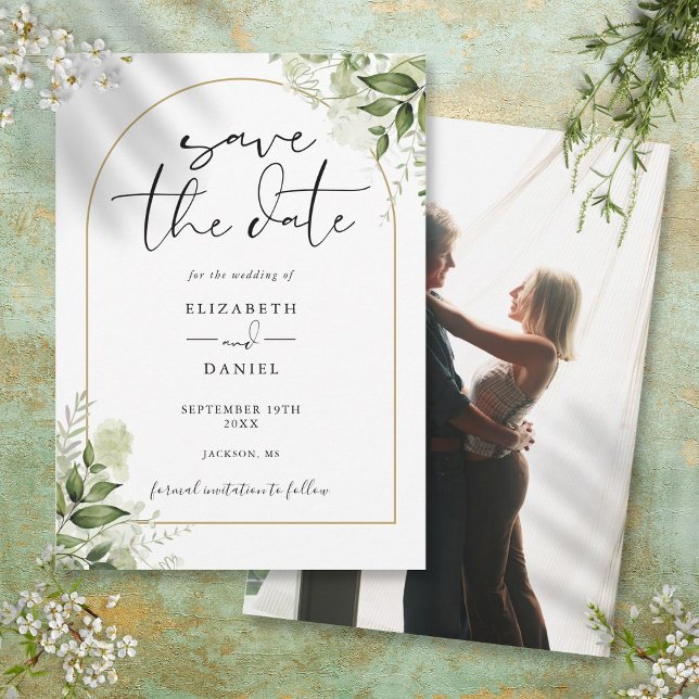 Save The Date Mariage photo de l'élégante Arche d'or rustique (Rustic Greenery Elegant Gold Arch Photo Wedding Save The Date)