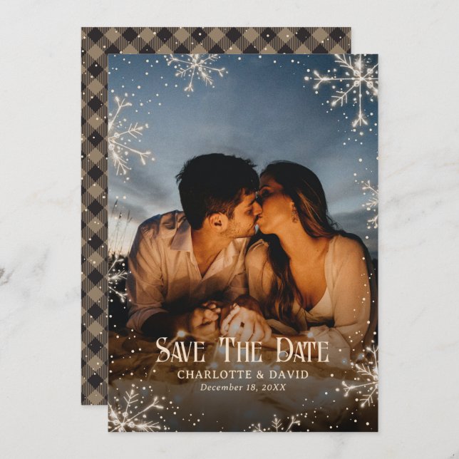 Save The Date Mariage photo d'hiver Rustic Plaid Snowflakes (Devant / Derrière)