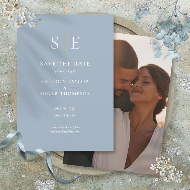 Save The Date Mariage Photo Dusty Blue Et Gold (Dusty Blue And Gold Monogram Photo Wedding Save The Date)