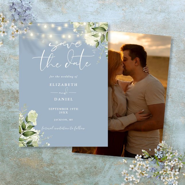 Save The Date Mariage photo Dusty Blue Floral (Dusty Blue Floral String Lights Photo Wedding Save The Date)