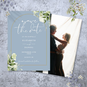 Save The Date Mariage photo Dusty Blue Greenery Gold Arch