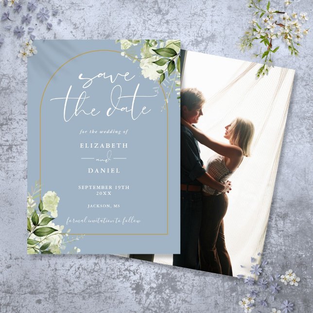Save The Date Mariage photo Dusty Blue Greenery Gold Arch (Dusty Blue Greenery Gold Arch Photo Wedding Save The Date)