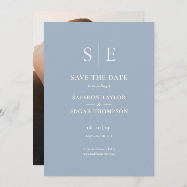 Save The Date Mariage photo Dusty Blue Modern Monogram (Devant / Derrière)