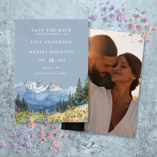Save The Date Mariage photo Dusty Blue Watercolor Mountain