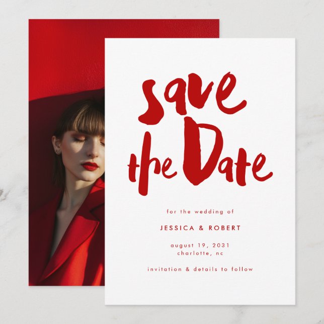 Save The Date Mariage Photo Écriture Pinceau Moderne Rouge Audac (Devant / Derrière)