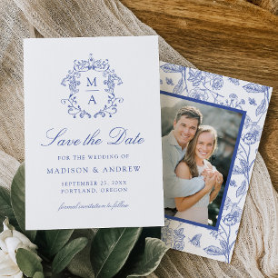Save The Date Mariage photo élégant bleu à motifs floraux de chi
