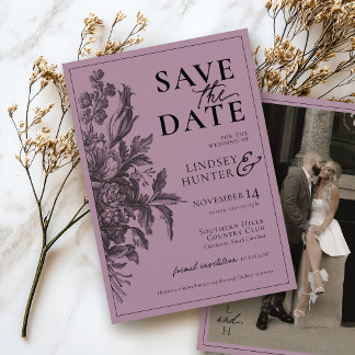 Save The Date Mariage photo élégant floral vintage prune pourpre