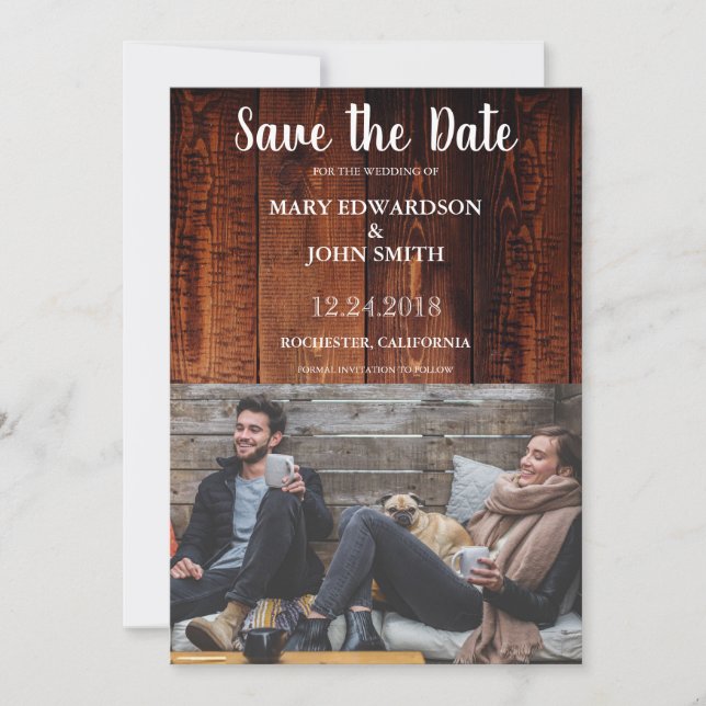 Save The Date Mariage photo en bois de grange rustique (Devant)
