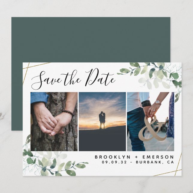 Save The Date Mariage photo Eucalyptus Greenery Gold Parties sci (Devant / Derrière)