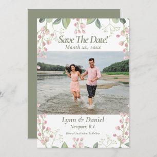 Save The Date Mariage photo Faire-part, vert rose Floral