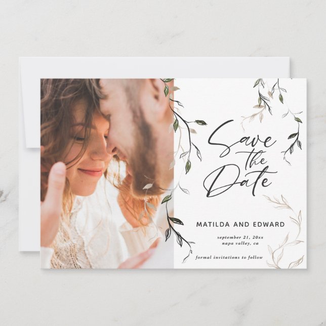 Save The Date Mariage photo feuillage botanique en feuilles croi (Devant)