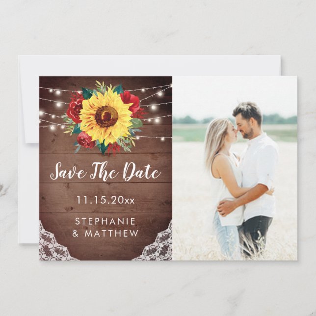 Save The Date Mariage Photo Fleurs Rouge Dentelle Tournesol Rust (Devant)