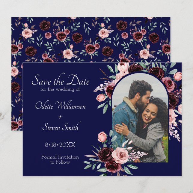 Save The Date Mariage photo floral bleu marine et bourgogne (Devant / Derrière)
