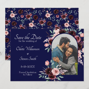 Save The Date Mariage photo floral bleu marine et bourgogne