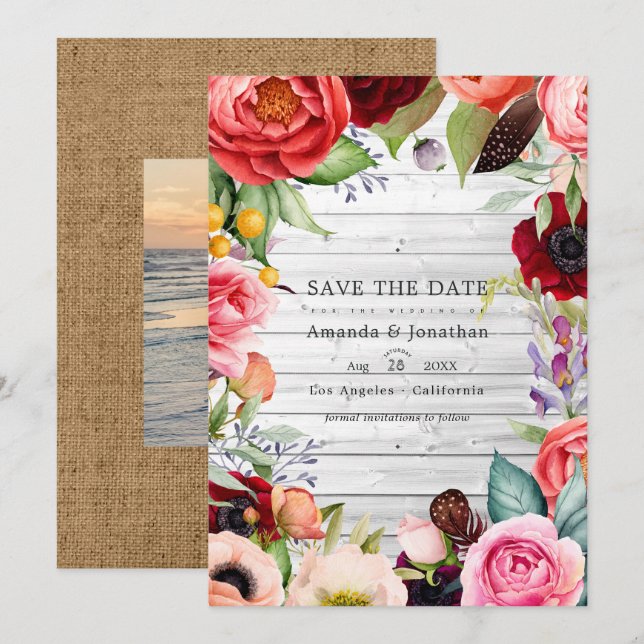 Save The Date Mariage photo floral bohème rustique bohémien (Devant / Derrière)