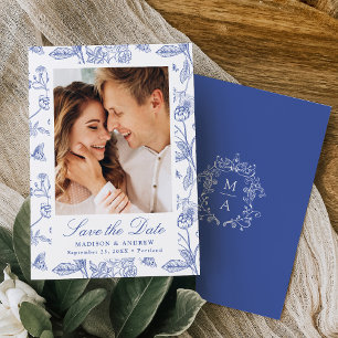 Save The Date Mariage photo floral chiné bleu élégant