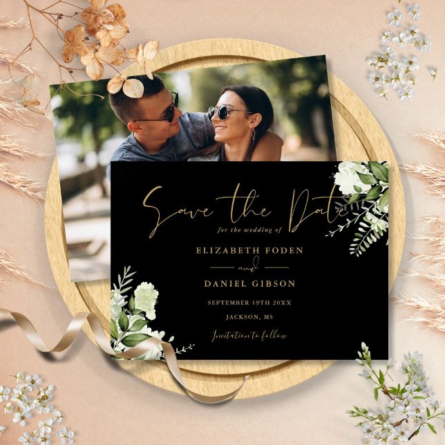 Save The Date Mariage Photo Floral De Verdure Noire Et Or (Black And Gold Greenery Floral Photo Wedding Save The Date)