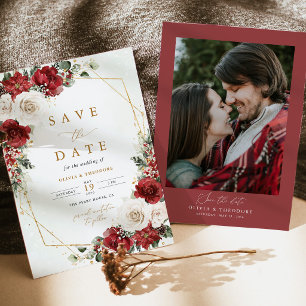 Save The Date Mariage Photo Floral d'Hiver en Bourgogne et Or