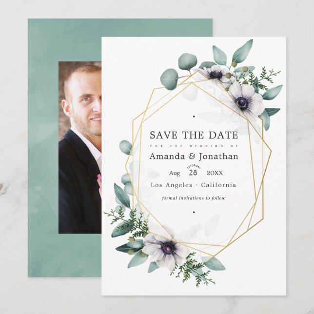 Save The Date Mariage photo floral géométrique à l'eucalyptus (Devant / Derrière)