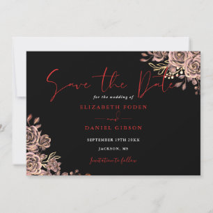 Save The Date Mariage photo floral gothique noir et rouge