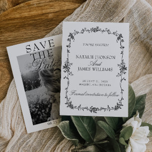 Save The Date Mariage photo floral noir et blanc à l'ancienne