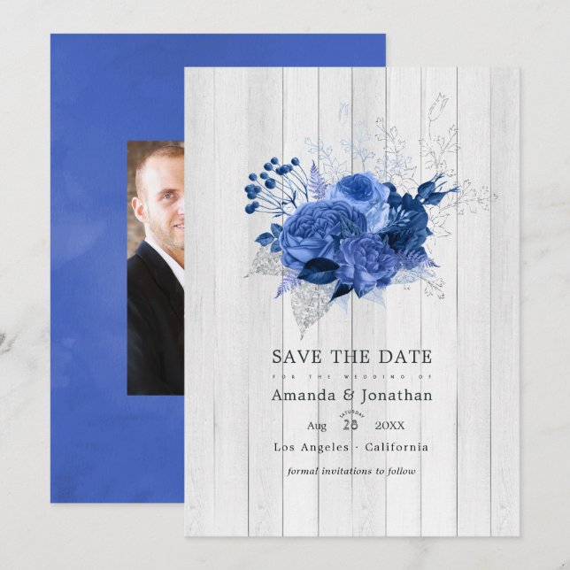 Save The Date Mariage photo floral rustique bleu royal et argent (Devant / Derrière)