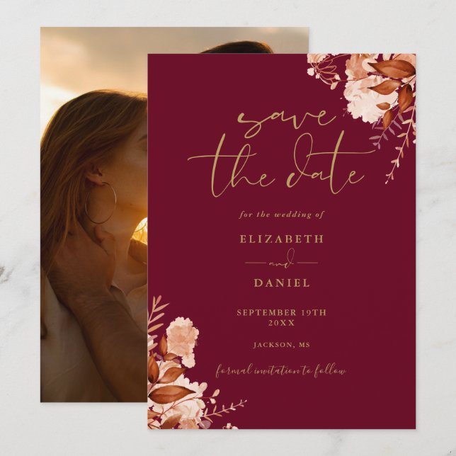 Save The Date Mariage photo floral rustique Burgundy Et Gold Fal (Devant / Derrière)