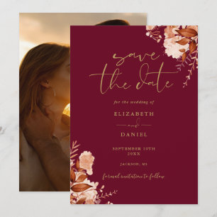 Save The Date Mariage photo floral rustique Burgundy Et Gold Fal