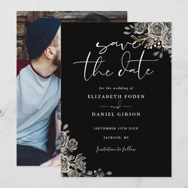 Save The Date Mariage photo gothique noir et blanc (Devant / Derrière)